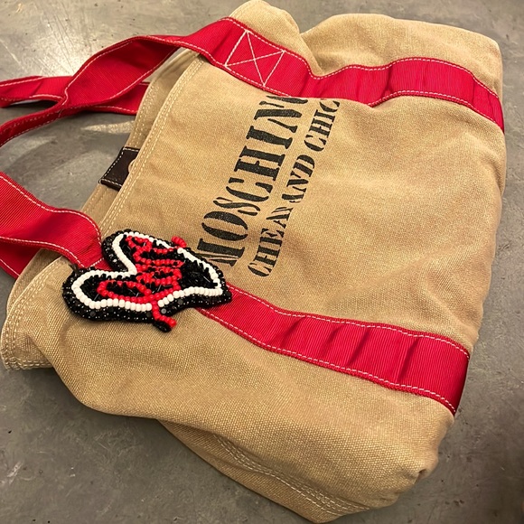 Vintage beaded Love Moschino Cheap & Chic tan and red canvas handbag tote purse - Picture 12 of 17